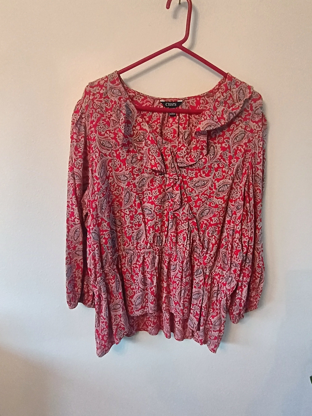 CHAPS Red Paisley Boho Peasant Blouse XL Flowy Romantic Cottagecore Top